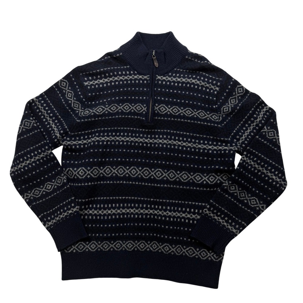 LINCS DC & Co Men's M 100% Lambswool Fair Isle Quarter Zip Sweater Navy